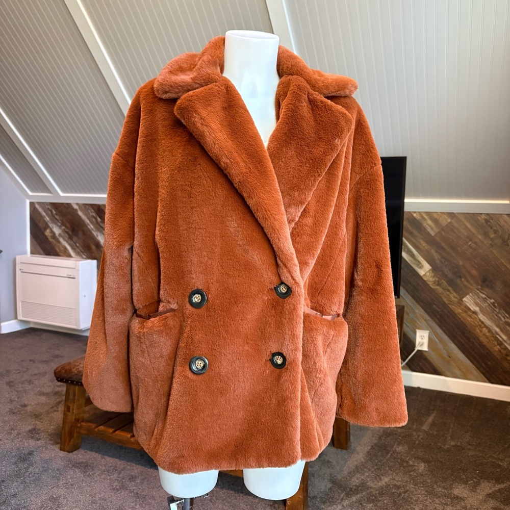 Free People Kate Faux Fur Coat in Cognac